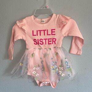little sister pink embroidered skirt, onesie with matching headband, Size 6-9 m